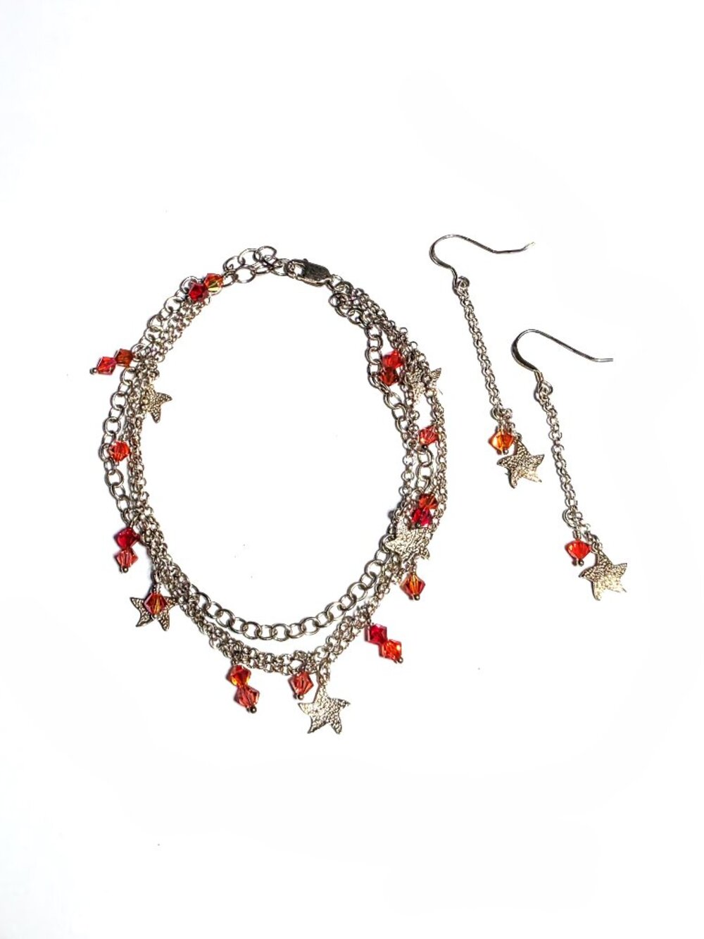 Silver starfish & red crystal earring & bracelet set
